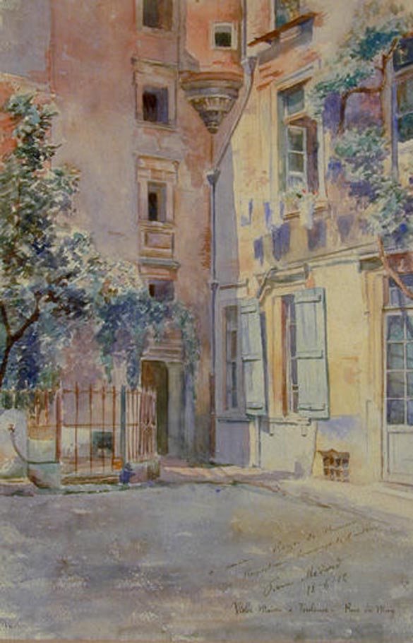Pierre Médard, <em>Vieille maison à Toulouse rue du May</em>, aquarelle dédicacée à Rozès de Brousse, 1912, 50 x 35 cm, don de Joseph Rozès de Brousse, © Musée du Vieux-Toulouse (Inv. 003.0.64)